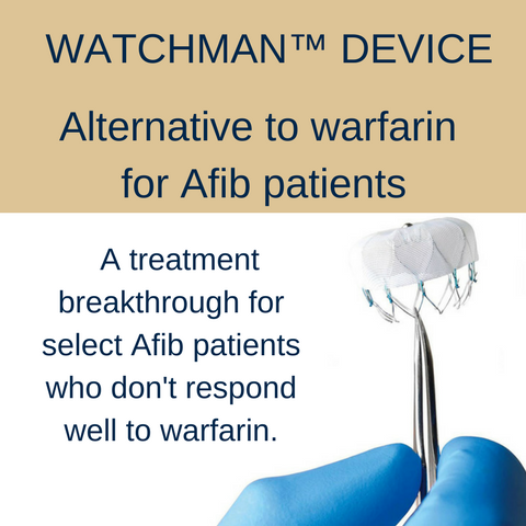 Blue gloved hand holding Watchman heart device with text: Watchman device warfarin alternaive for afib patients. 