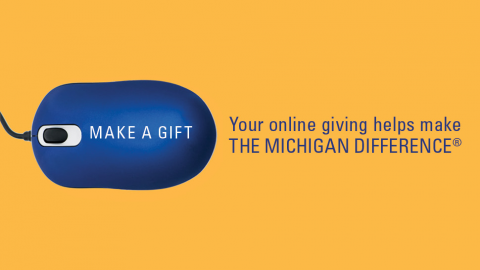 Computer mouse with text, Make a gift. Your online giving helps make the Michigan difference 